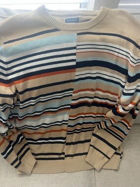NWT Club Room Beige Crewneck Sweater with Navy, Light Blue & Rust Stripes